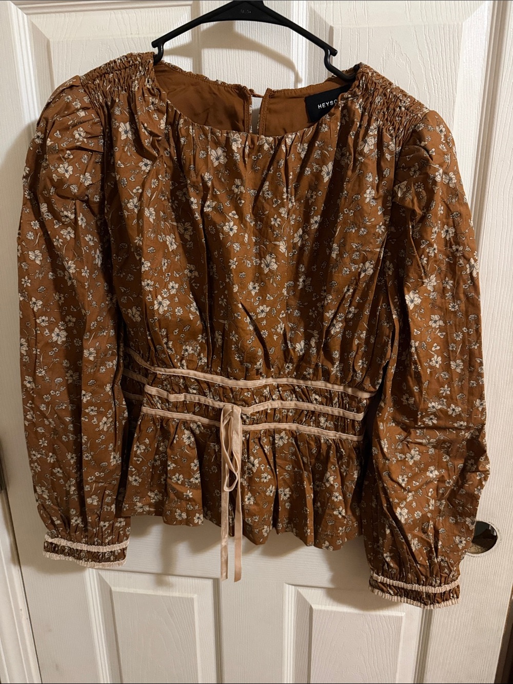 Heysoul Brown Floral Smocked-Waist Long Sleeve Blouse